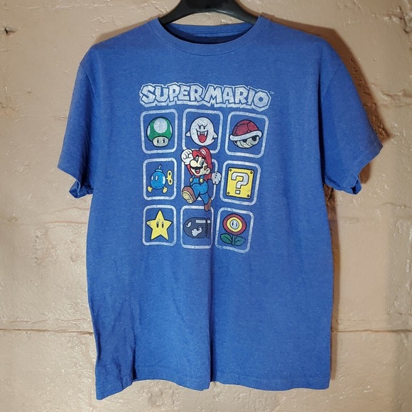 Super Mario Retro Blue T-shirt With All Characters From Video Game Adult Size XL - Picture 1 of 8